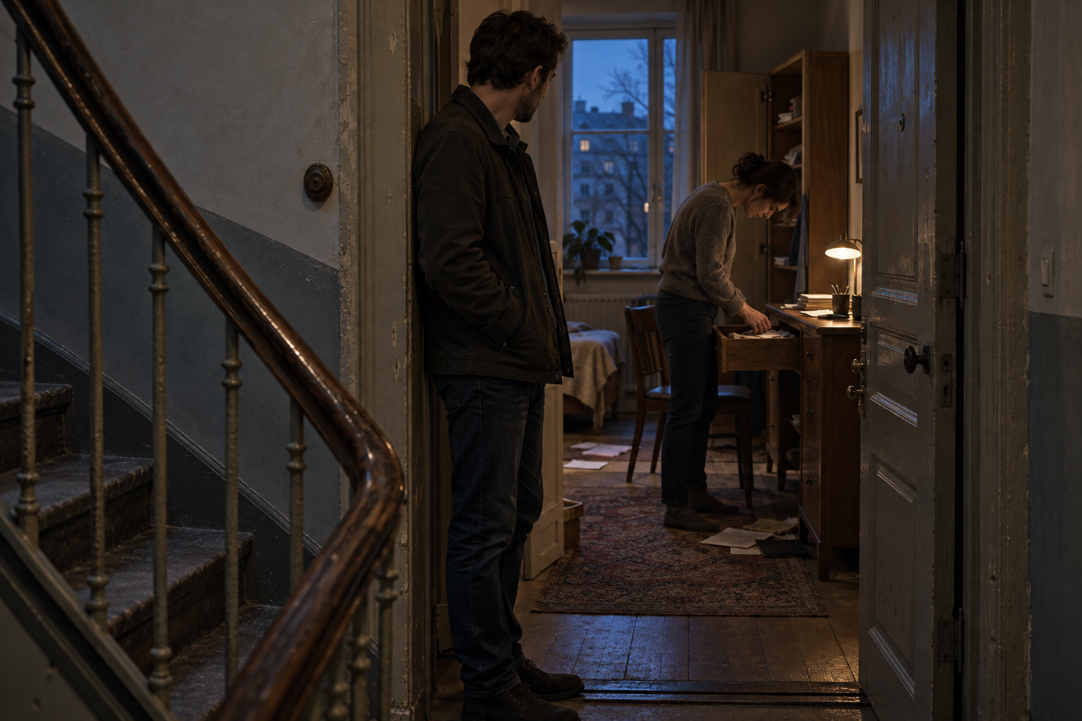 An apartment doorway beside a dim stairwell, with one person waiting while another searches inside; AI-generated scene illustration